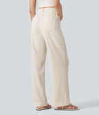 High Waisted Straight Leg Casual Linen-Feel Trousers with Pockets — Marshmallow — view 2