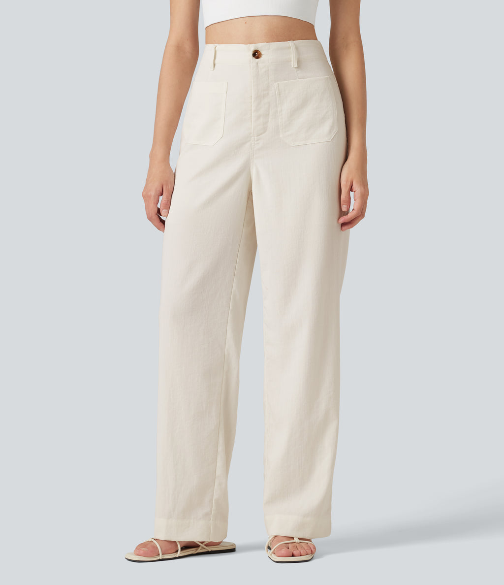 High Waisted Straight Leg Casual Linen-Feel Trousers with Pockets — Marshmallow — view 3