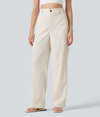 High Waisted Straight Leg Casual Linen-Feel Trousers with Pockets — Marshmallow — view 3