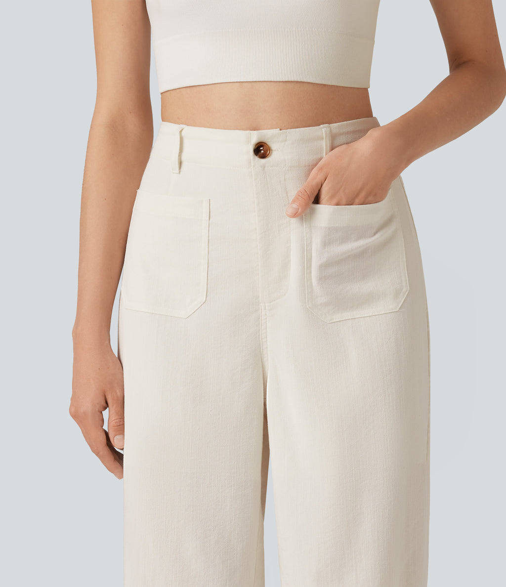 High Waisted Straight Leg Casual Linen-Feel Trousers with Pockets — Marshmallow — view 4