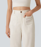 High Waisted Straight Leg Casual Linen-Feel Trousers with Pockets — Marshmallow — view 4
