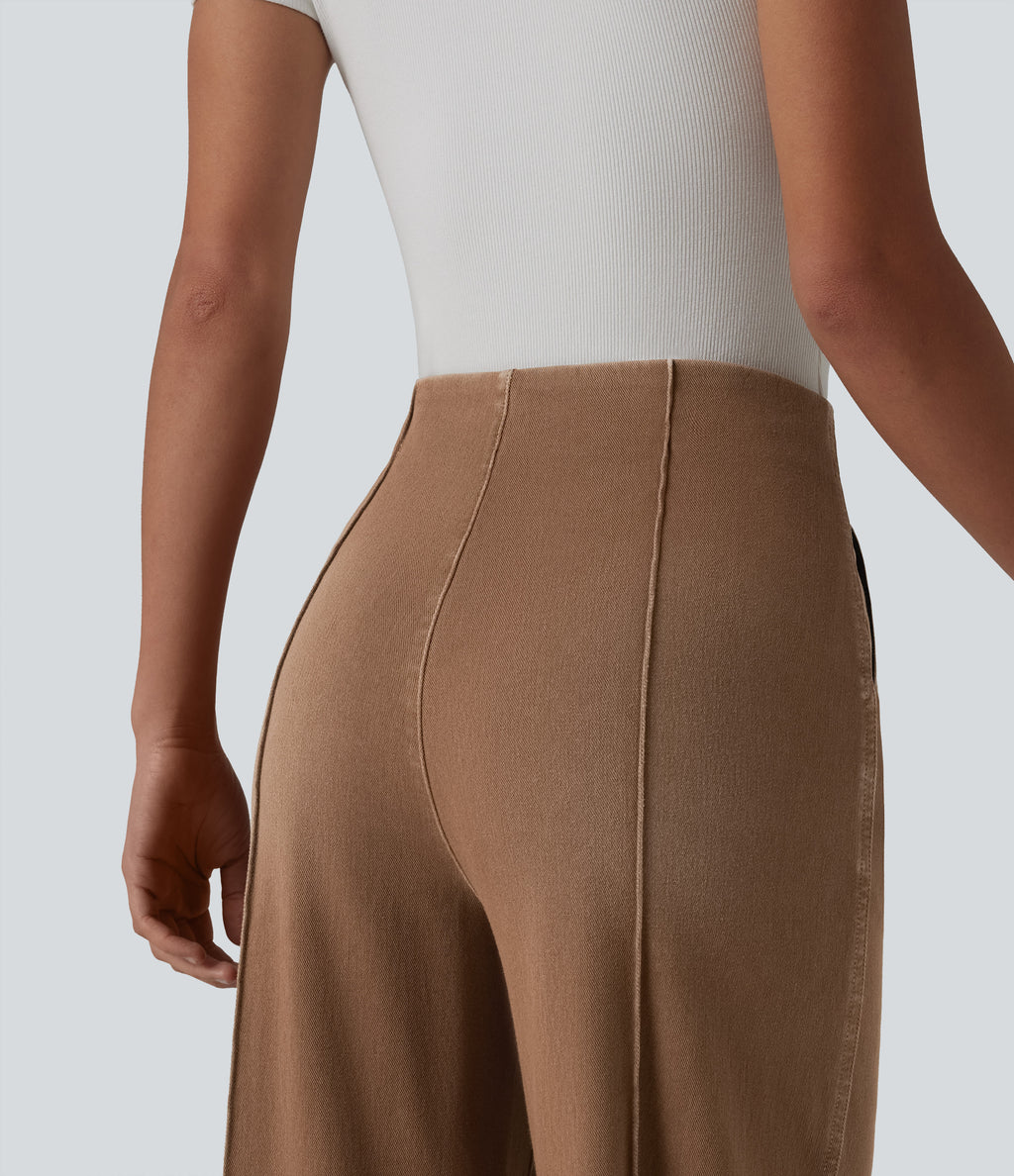 High Waisted Wide Leg Work Jeans with Pockets — Warm Saddle Brown — view 5