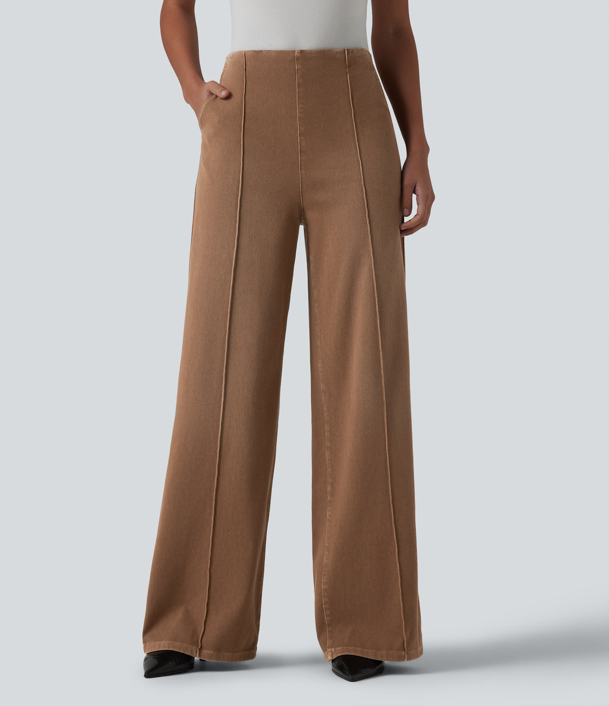 High Waisted Wide Leg Work Jeans with Pockets — Warm Saddle Brown — view 3