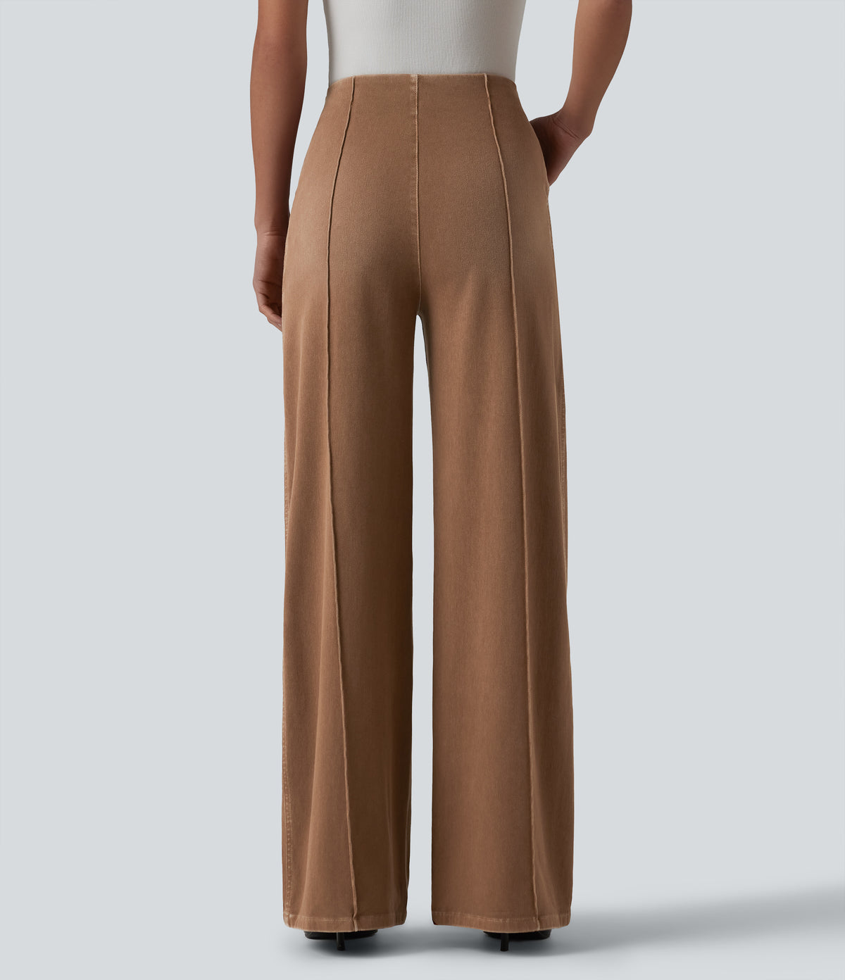 High Waisted Wide Leg Work Jeans with Pockets — Warm Saddle Brown — view 2