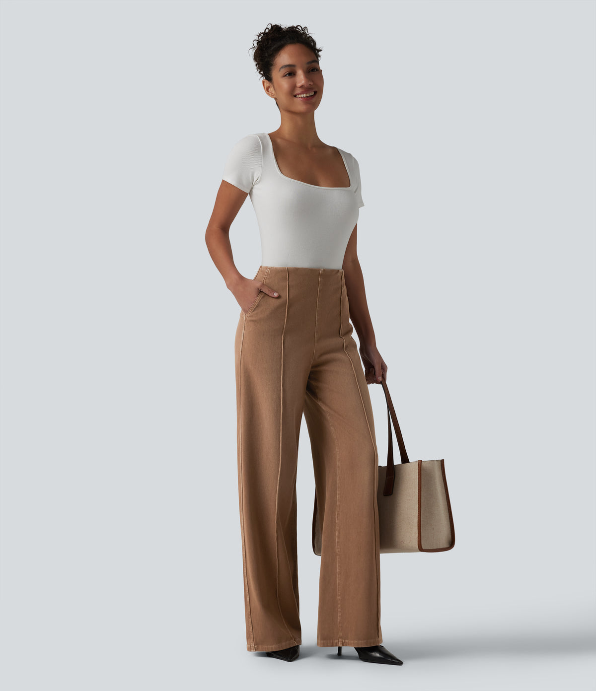 High Waisted Wide Leg Work Jeans with Pockets — Warm Saddle Brown — view 6
