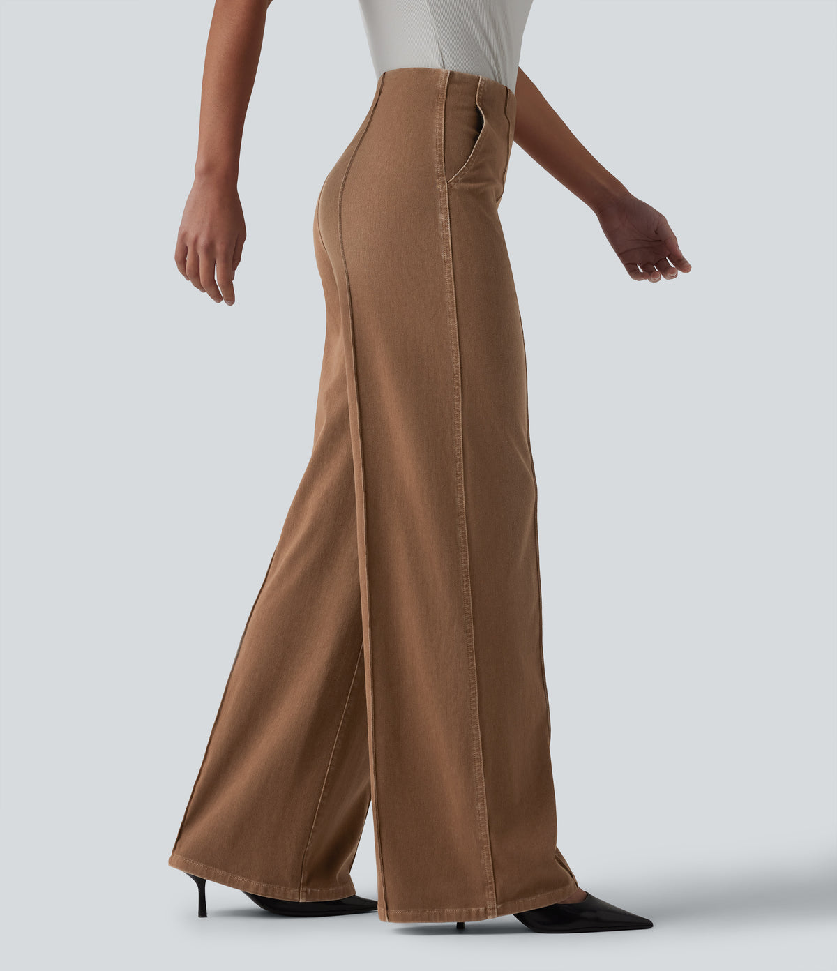 High Waisted Wide Leg Work Jeans with Pockets — Warm Saddle Brown — view 1