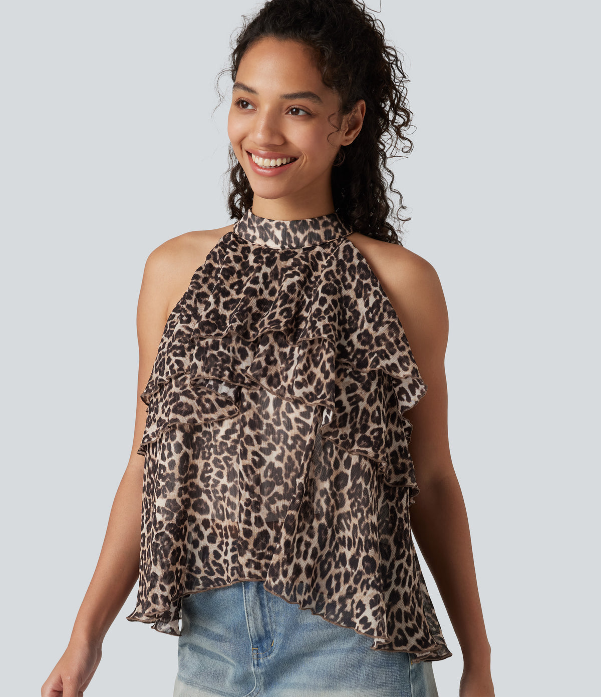 Stand Collar Sleeveless High Low Leopard Print Casual Top — Fierce Tan — view 5