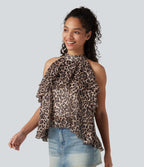 Stand Collar Sleeveless High Low Leopard Print Casual Top — Fierce Tan — view 3