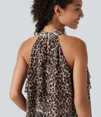 Stand Collar Sleeveless High Low Leopard Print Casual Top — Fierce Tan — view 4