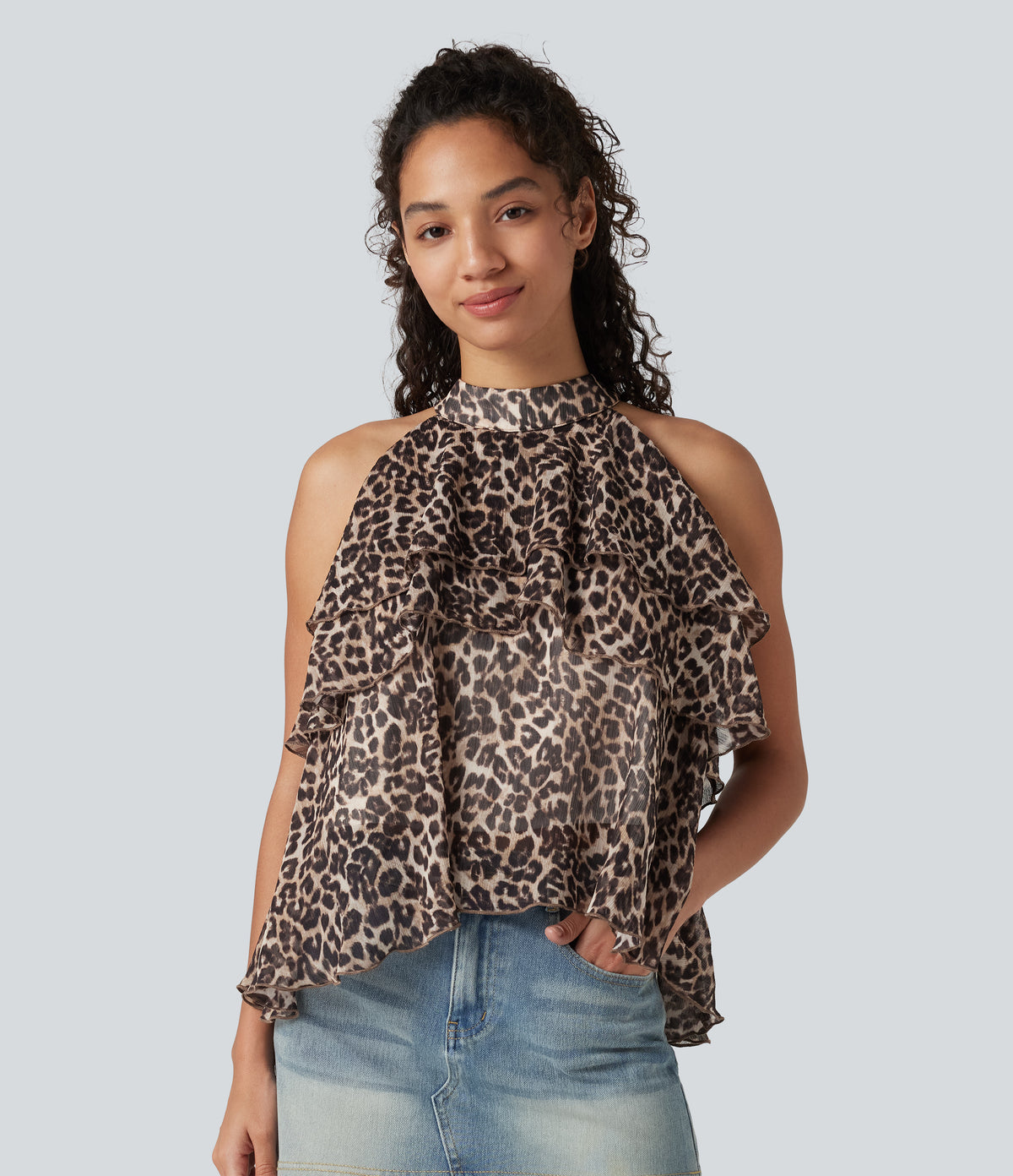 Stand Collar Sleeveless High Low Leopard Print Casual Top — Fierce Tan — view 2