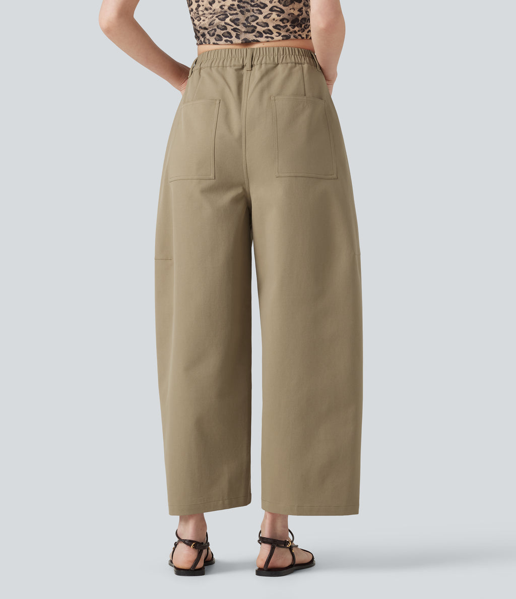 High Waisted Casual Barrel Leg Trousers with Pockets — Khaki — view 2
