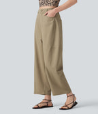 High Waisted Casual Barrel Leg Trousers with Pockets — Khaki — view 3