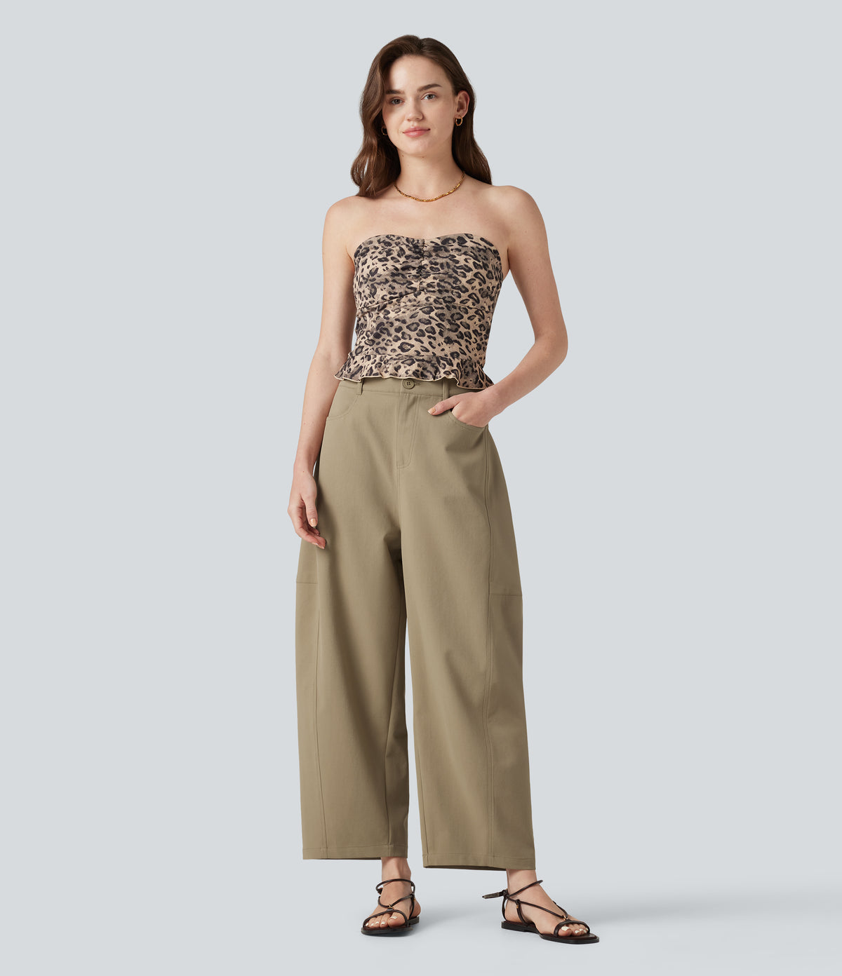 High Waisted Casual Barrel Leg Trousers with Pockets — Khaki — view 7
