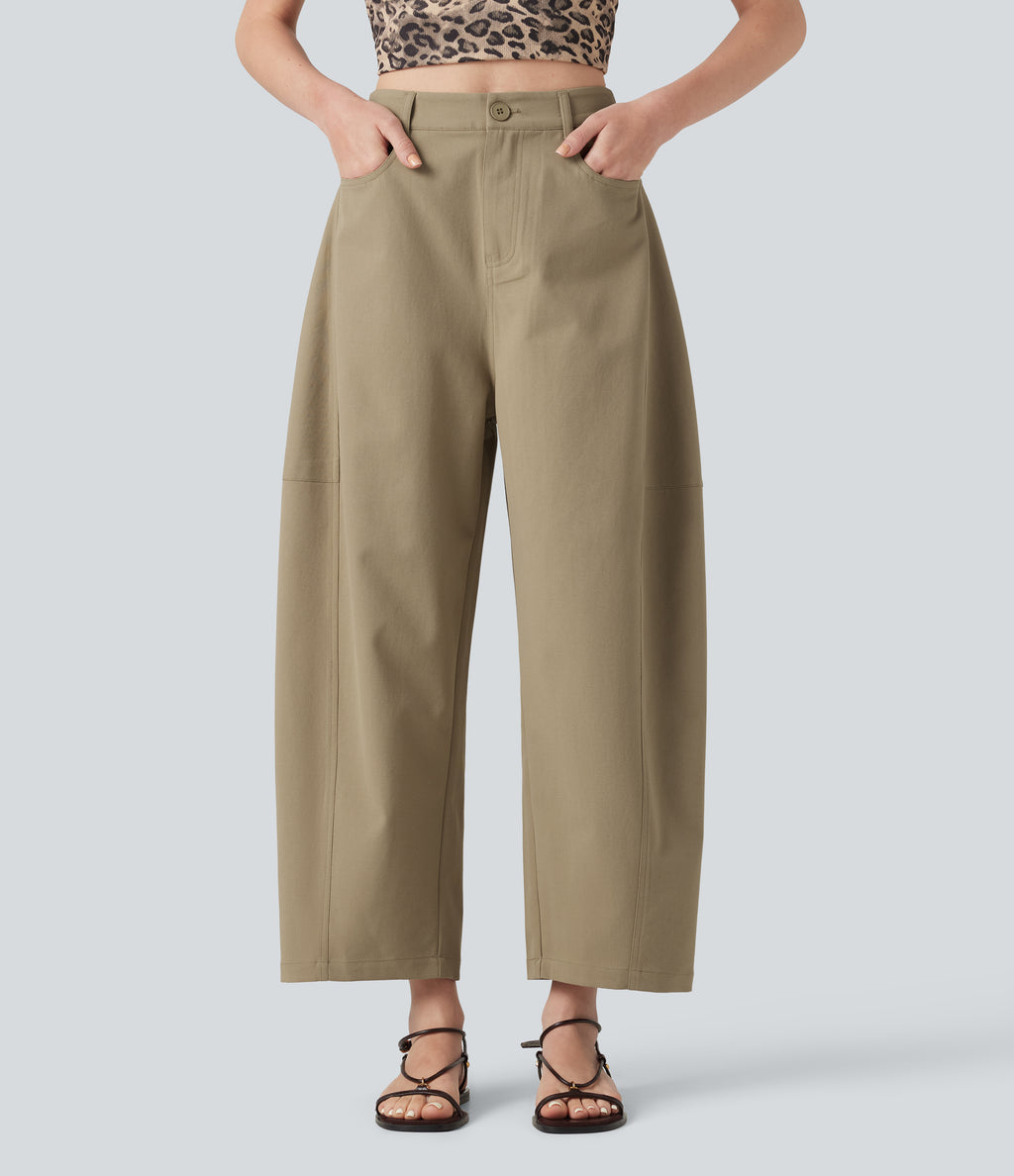 High Waisted Casual Barrel Leg Trousers with Pockets — Khaki — view 1