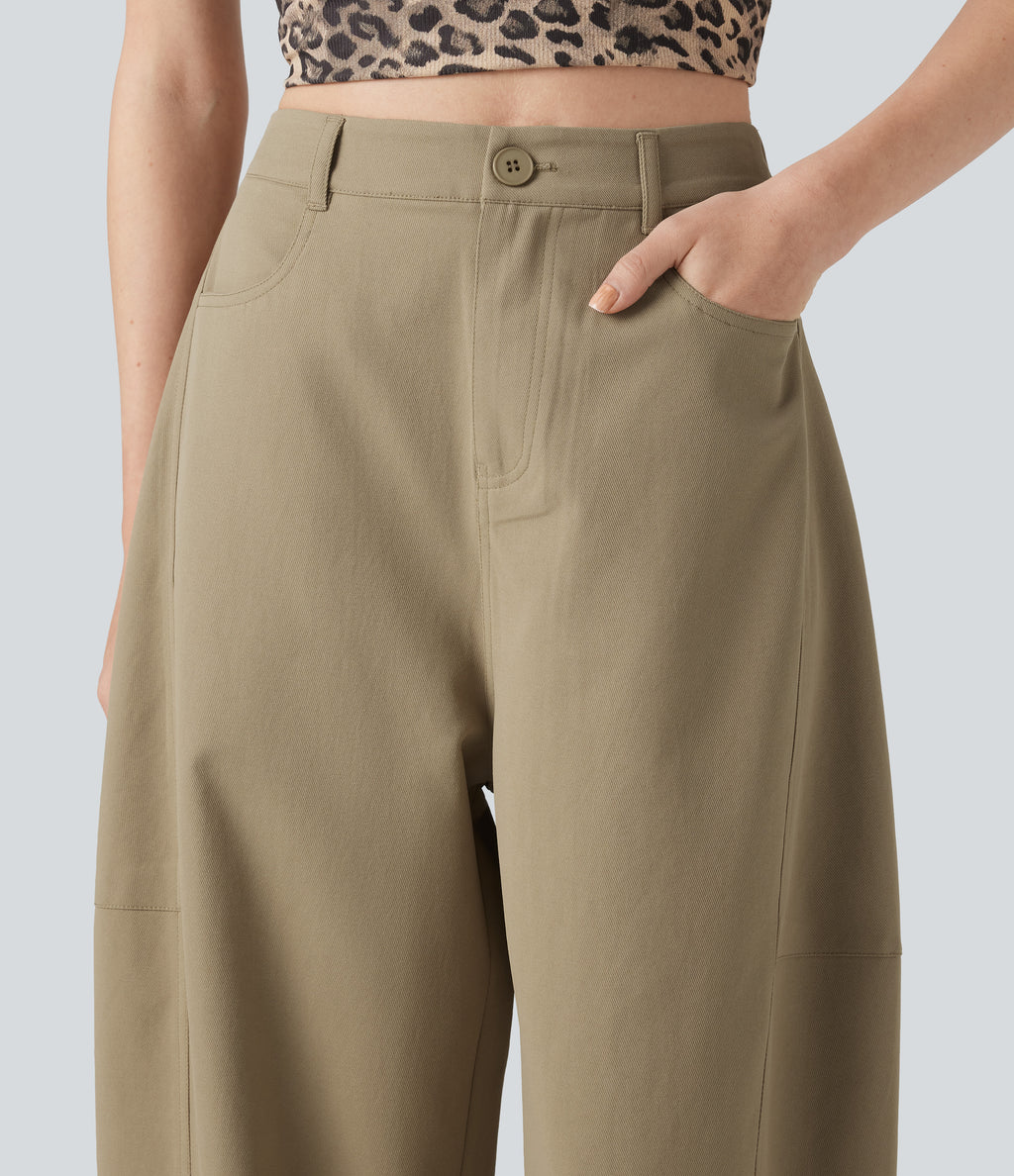 High Waisted Casual Barrel Leg Trousers with Pockets — Khaki — view 4