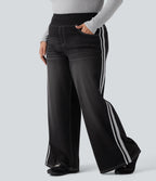 High Waisted Stripe Wide Leg Flowy Washed Casual Plus Size Jeans with Pockets — Phantom Denim — view 8