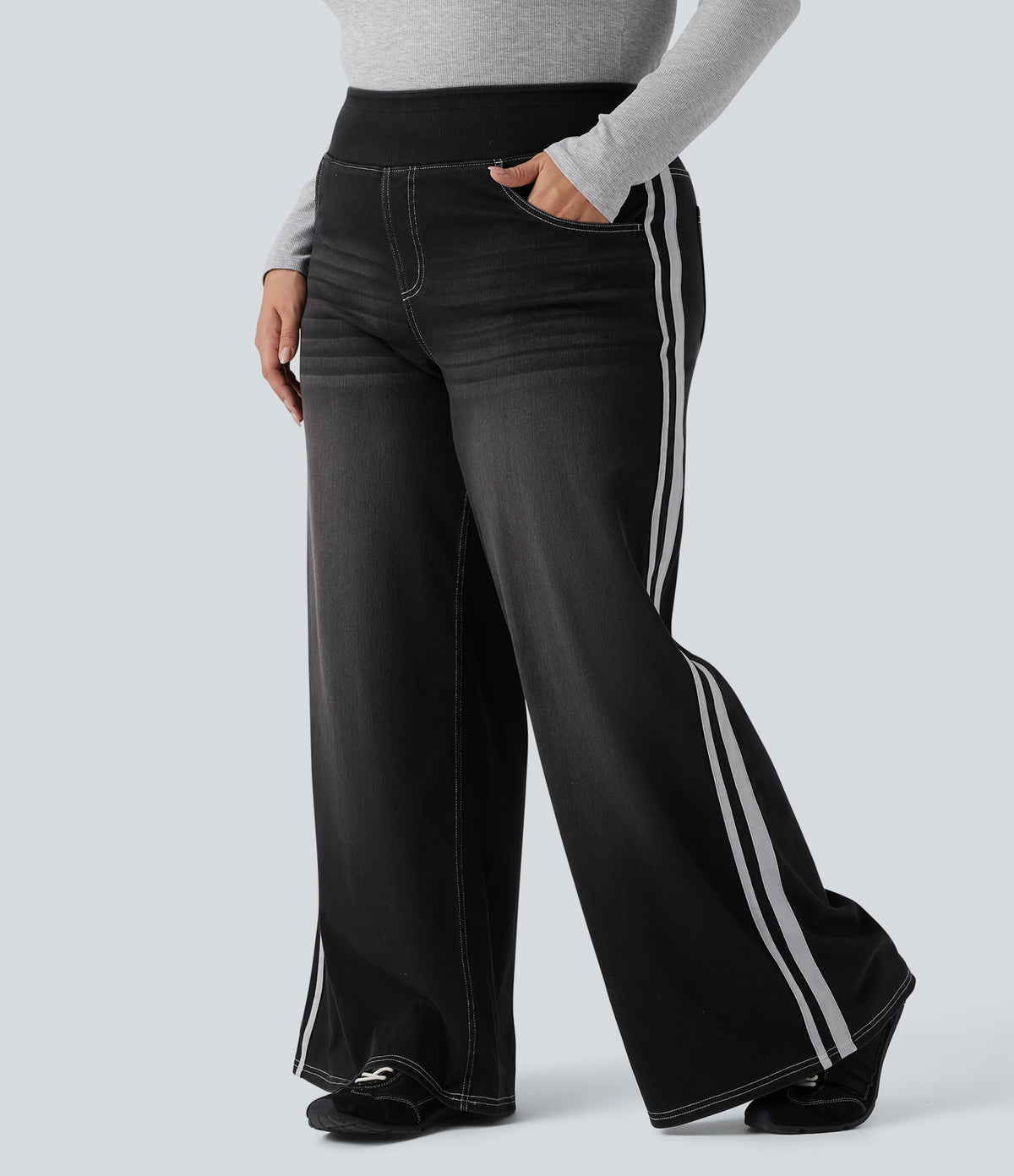 High Waisted Stripe Wide Leg Flowy Washed Casual Plus Size Jeans with Pockets — Phantom Denim — view 8