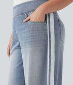 High Waisted Stripe Wide Leg Flowy Washed Casual Plus Size Jeans with Pockets — Sunset Blue Denim — view 5