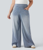 High Waisted Stripe Wide Leg Flowy Washed Casual Plus Size Jeans with Pockets — Sunset Blue Denim — view 3