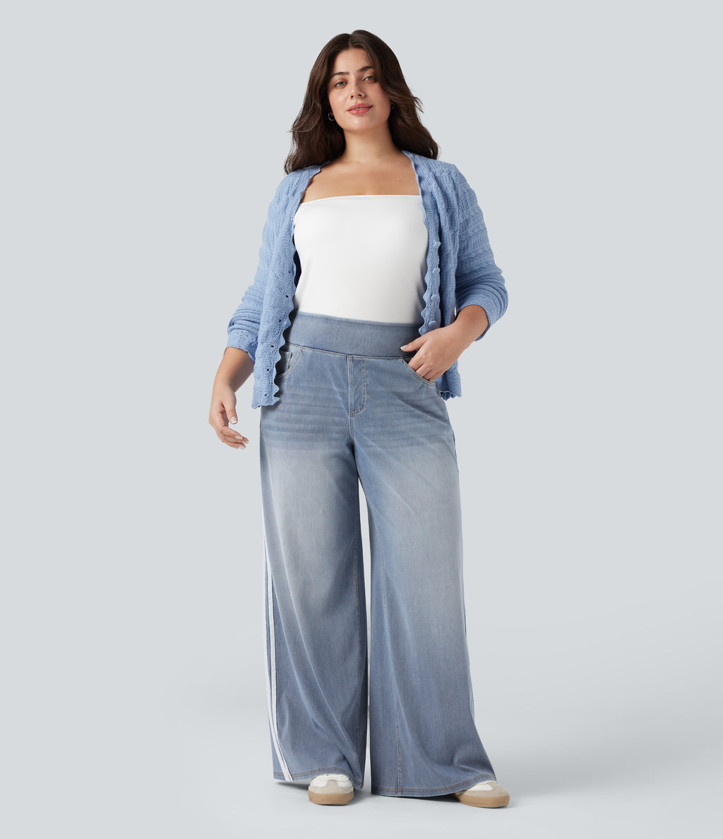 High Waisted Stripe Wide Leg Flowy Washed Casual Plus Size Jeans with Pockets — Sunset Blue Denim — view 7