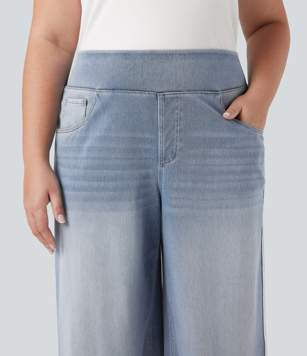 High Waisted Stripe Wide Leg Flowy Washed Casual Plus Size Jeans with Pockets — Sunset Blue Denim — view 4