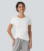 Round Neck Short Sleeve Ruched Asymmetric Hem Quick Dry Running Cotton Sports Top — White — view 4