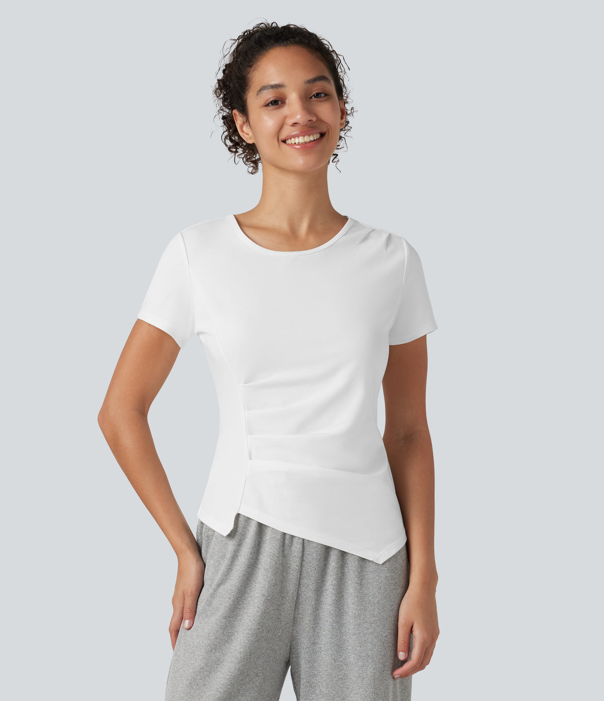 Round Neck Short Sleeve Ruched Asymmetric Hem Quick Dry Running Cotton Sports Top — White — view 4