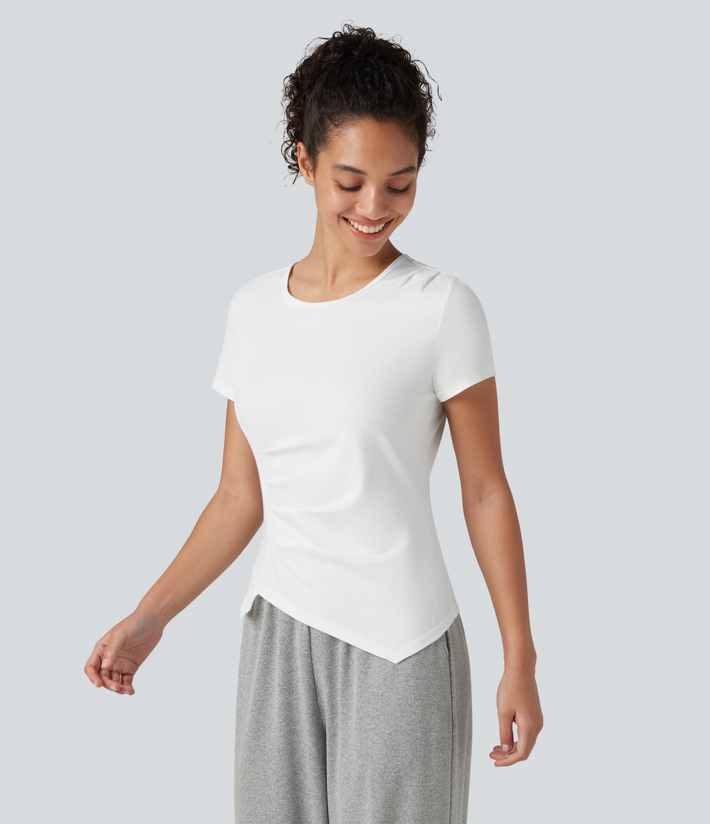Round Neck Short Sleeve Ruched Asymmetric Hem Quick Dry Running Cotton Sports Top — White — view 3