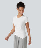 Round Neck Short Sleeve Ruched Asymmetric Hem Quick Dry Running Cotton Sports Top — White — view 3