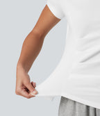 Round Neck Short Sleeve Ruched Asymmetric Hem Quick Dry Running Cotton Sports Top — White — view 7