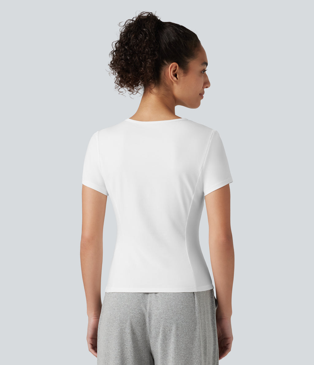 Round Neck Short Sleeve Ruched Asymmetric Hem Quick Dry Running Cotton Sports Top — White — view 2