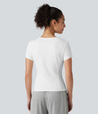 Round Neck Short Sleeve Ruched Asymmetric Hem Quick Dry Running Cotton Sports Top — White — view 2
