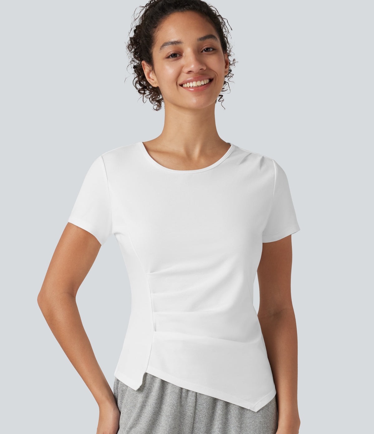 Round Neck Short Sleeve Ruched Asymmetric Hem Quick Dry Running Cotton Sports Top — White — view 1