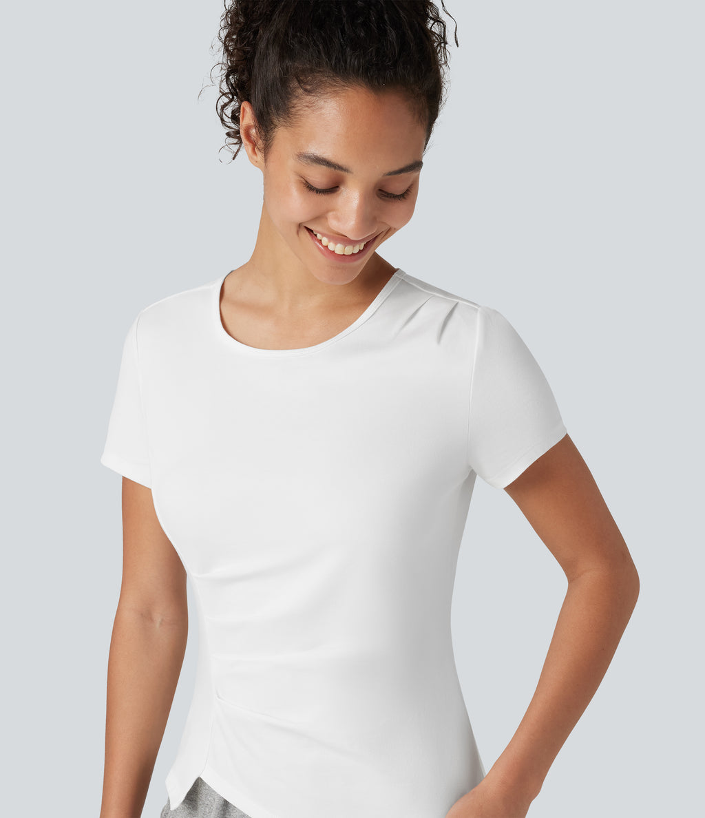 Round Neck Short Sleeve Ruched Asymmetric Hem Quick Dry Running Cotton Sports Top — White — view 5