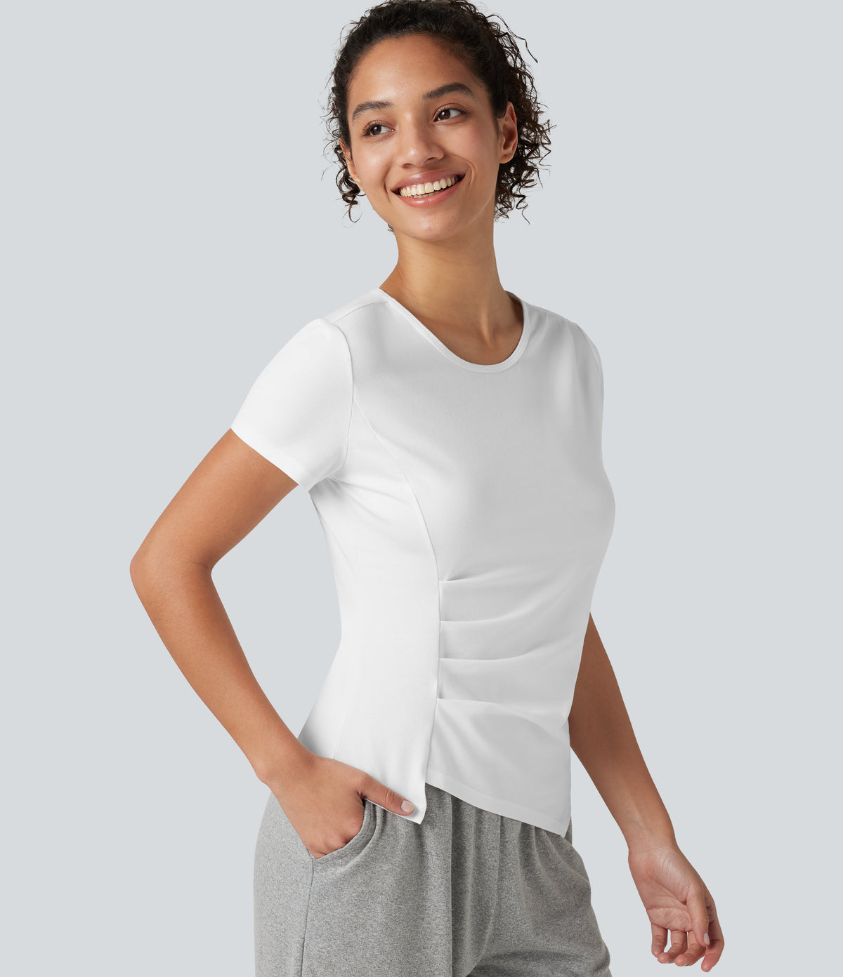 Round Neck Short Sleeve Ruched Asymmetric Hem Quick Dry Running Cotton Sports Top — White — view 6