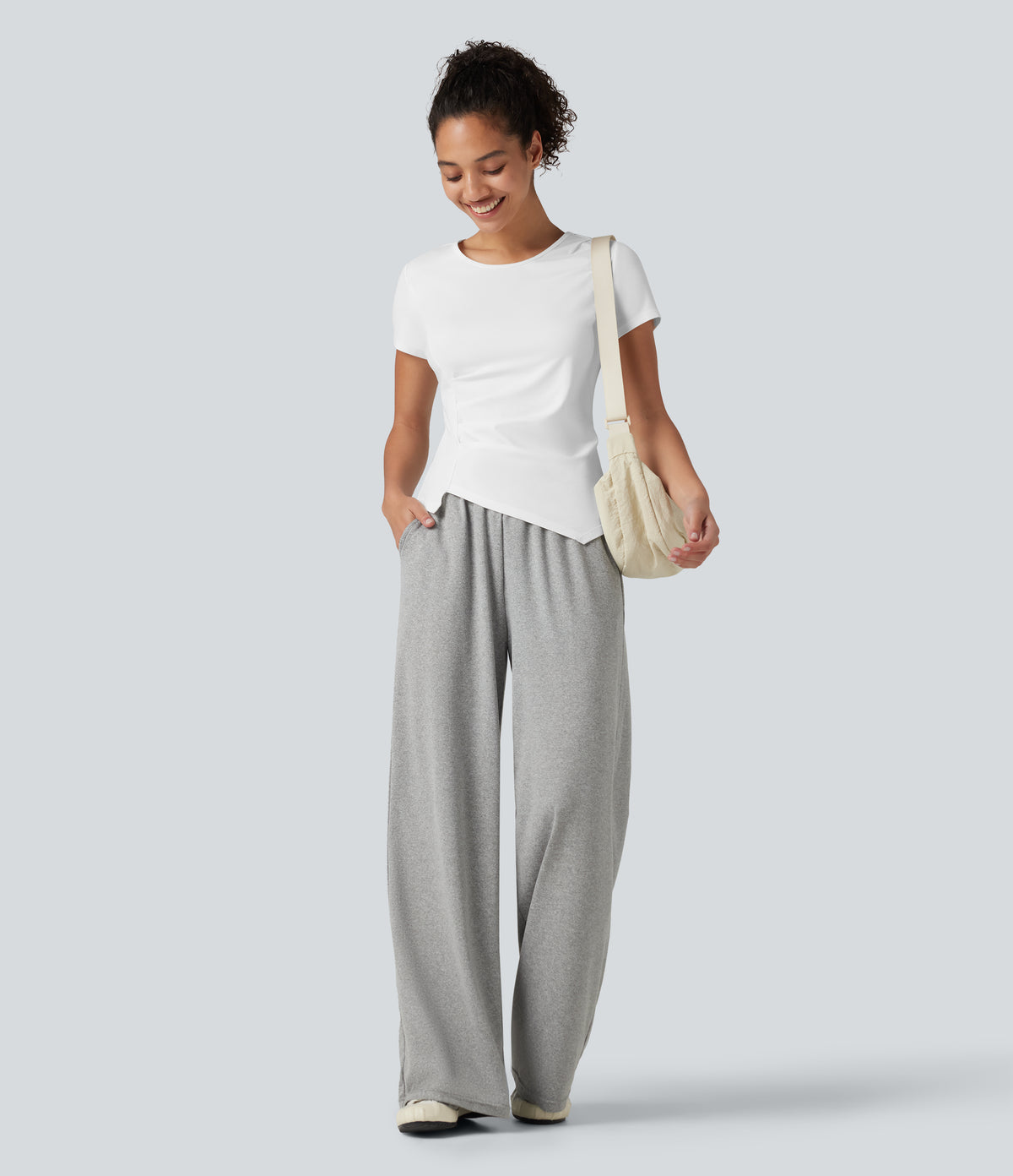Round Neck Short Sleeve Ruched Asymmetric Hem Quick Dry Running Cotton Sports Top — White — view 8