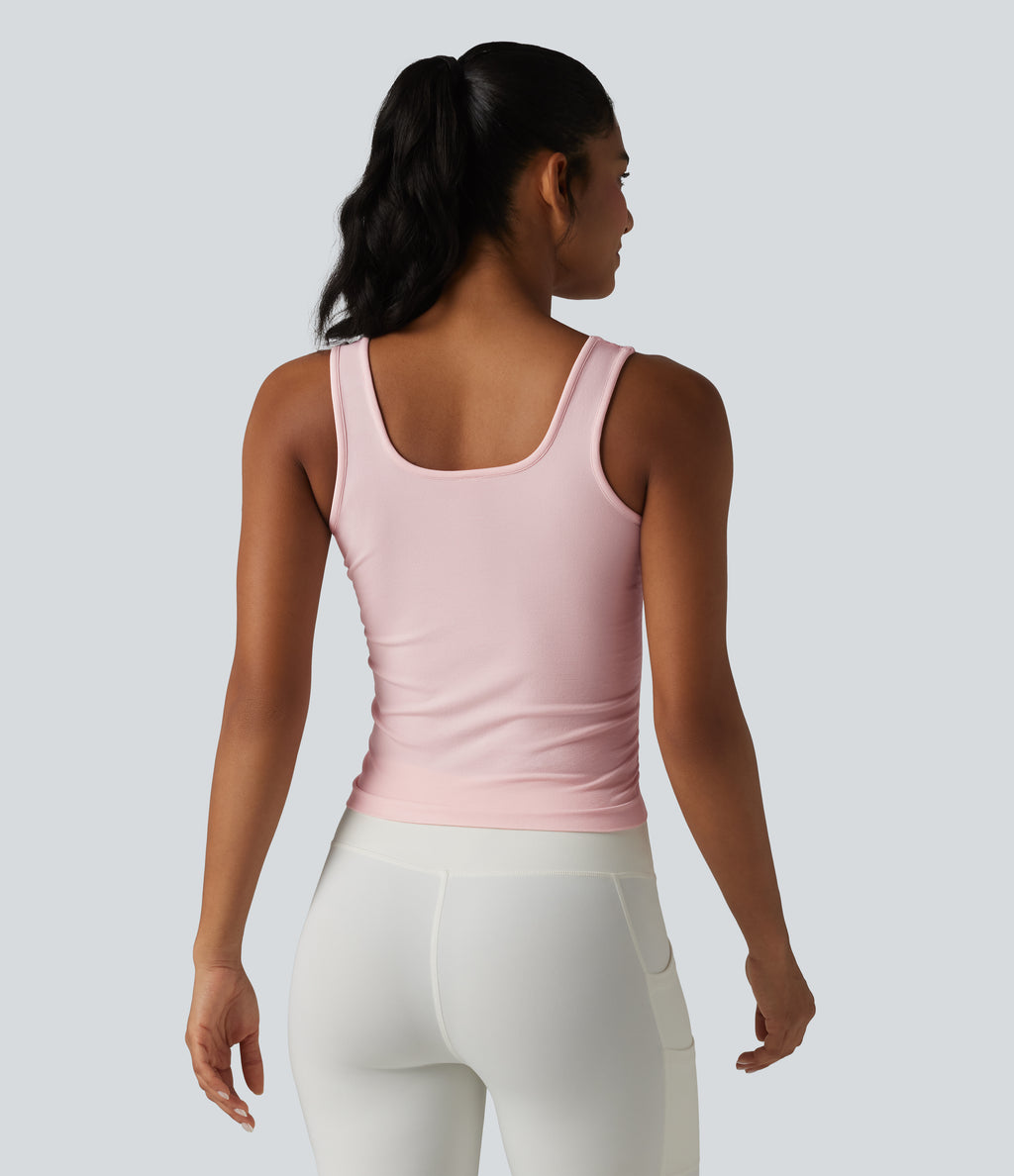 OneForm Seamless Flow Square Neck Ruched Yoga Tank Top — Lotus — view 2
