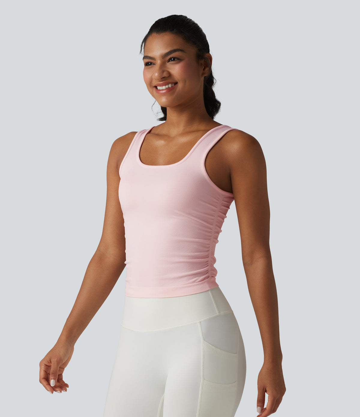OneForm Seamless Flow Square Neck Ruched Yoga Tank Top — Lotus — view 3