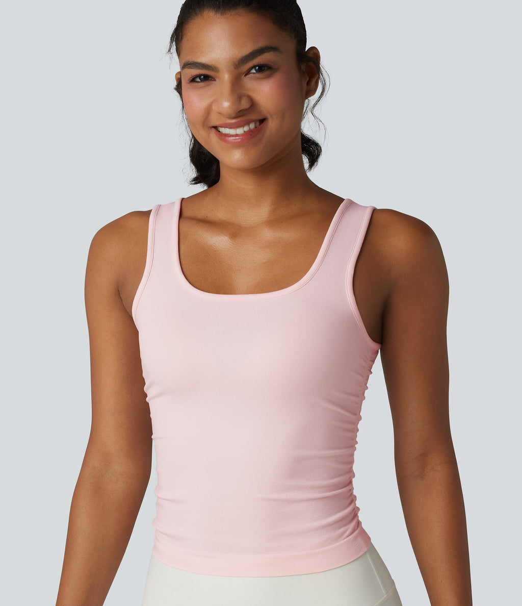 OneForm Seamless Flow Square Neck Ruched Yoga Tank Top — Lotus — view 1