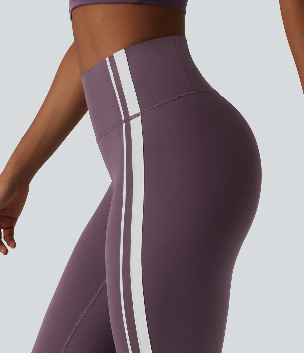 High Waisted Tummy Control Side Stripe Yoga Leggings with Pocket — Night's Purple — view 4