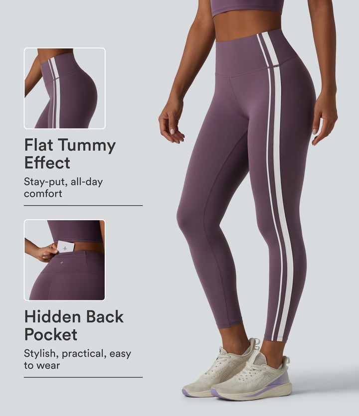 High Waisted Tummy Control Side Stripe Yoga Leggings with Pocket — Night's Purple — view 1