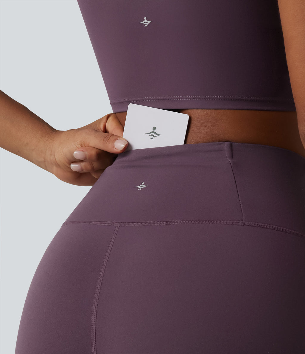 High Waisted Tummy Control Side Stripe Yoga Leggings with Pocket — Night's Purple — view 5
