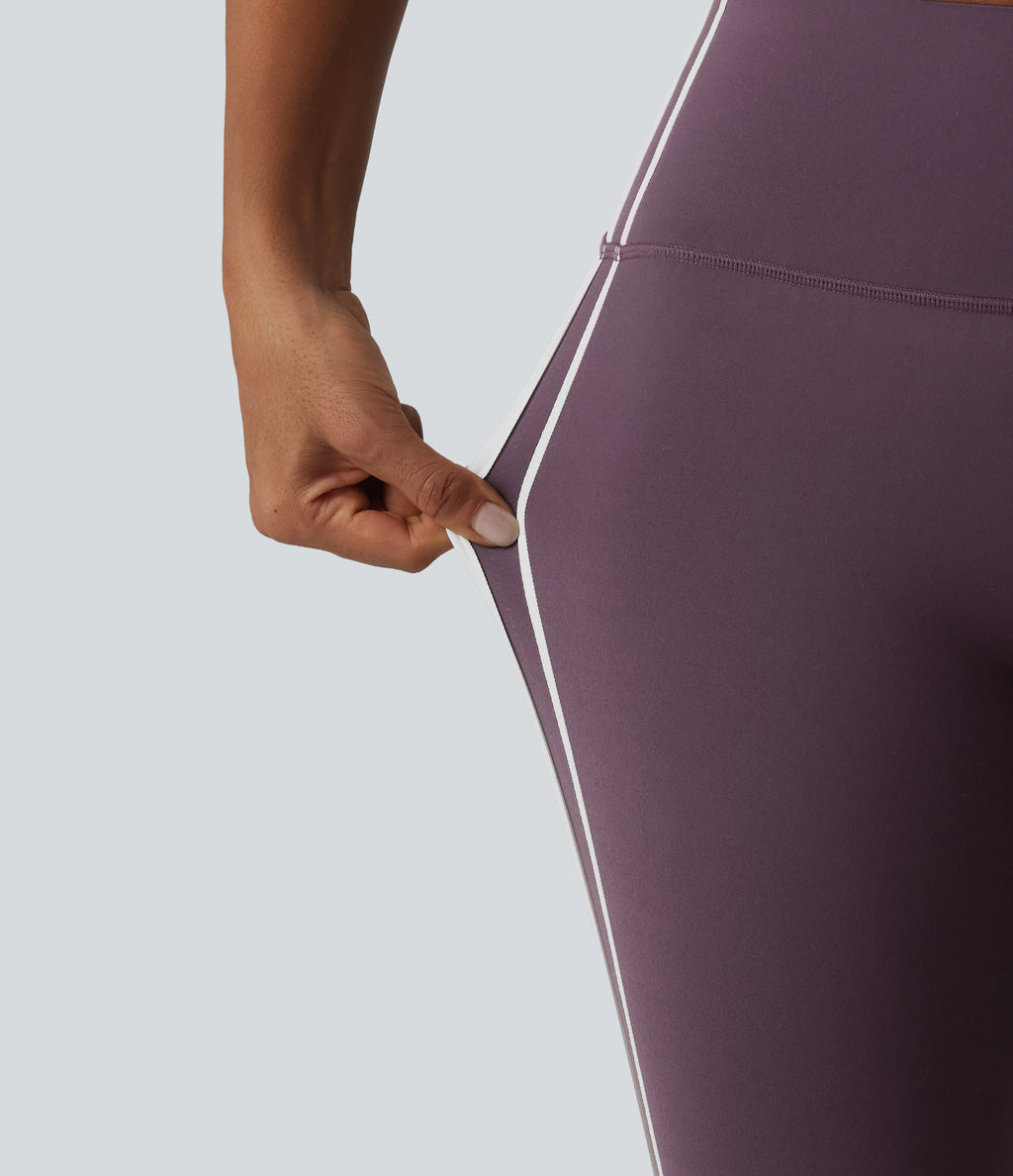 High Waisted Tummy Control Side Stripe Yoga Leggings with Pocket — Night's Purple — view 7
