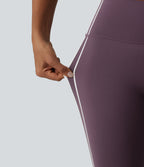 High Waisted Tummy Control Side Stripe Yoga Leggings with Pocket — Night's Purple — view 7