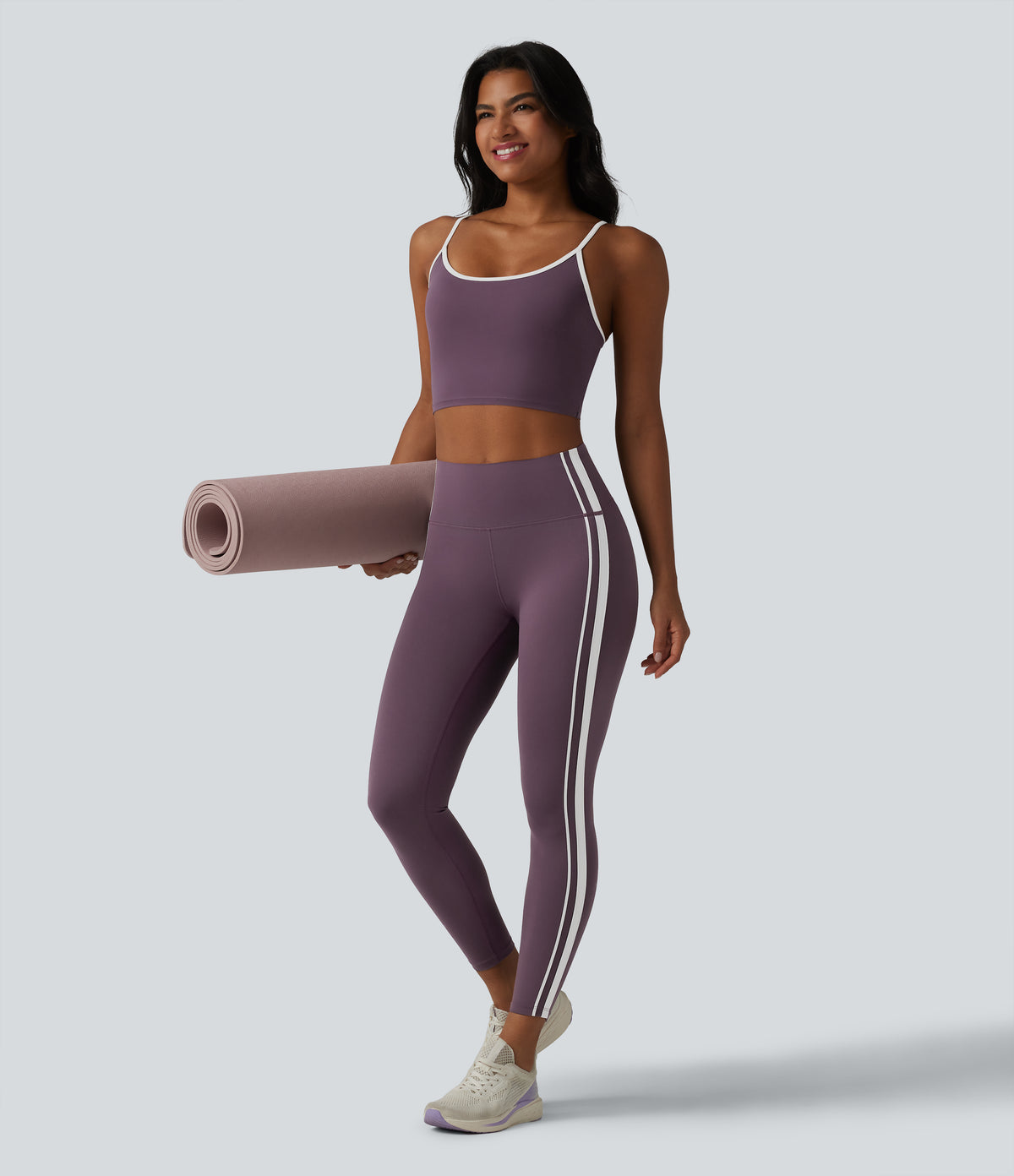 High Waisted Tummy Control Side Stripe Yoga Leggings with Pocket — Night's Purple — view 8