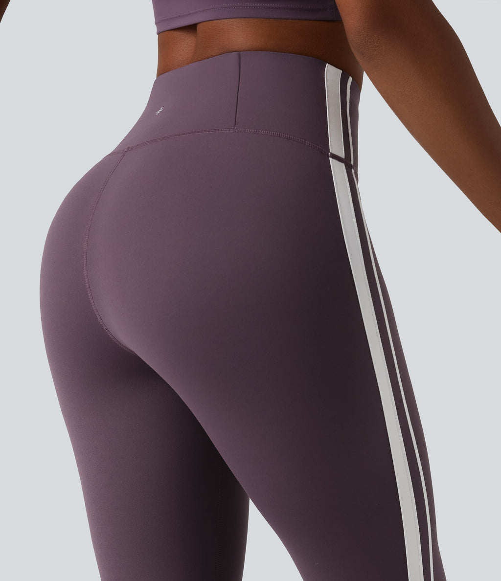 High Waisted Tummy Control Side Stripe Yoga Leggings with Pocket — Night's Purple — view 6