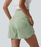 High Waisted Curved Hem Casual Stretch Linen Shorts 5'' with Pockets — Mist Meadow Green — view 4