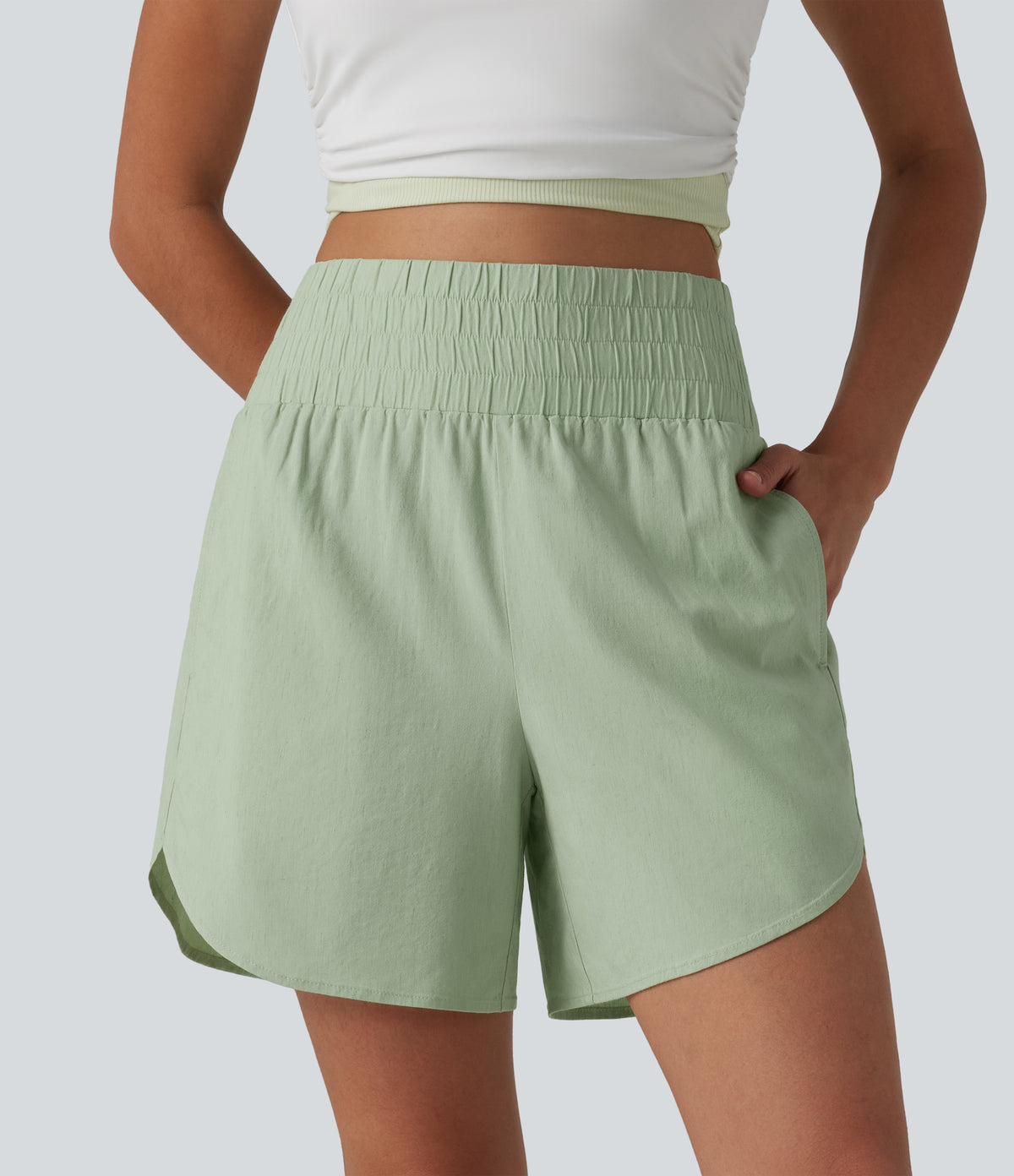 High Waisted Curved Hem Casual Stretch Linen Shorts 5'' with Pockets — Mist Meadow Green — view 1