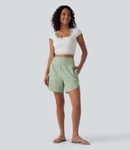 High Waisted Curved Hem Casual Stretch Linen Shorts 5'' with Pockets — Mist Meadow Green — view 6