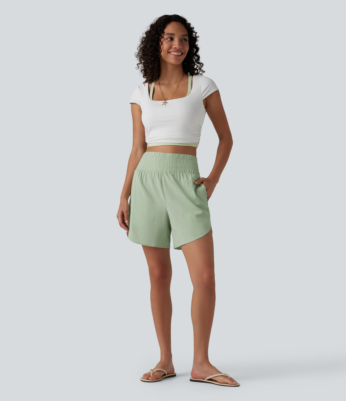 High Waisted Curved Hem Casual Stretch Linen Shorts 5'' with Pockets — Mist Meadow Green — view 6